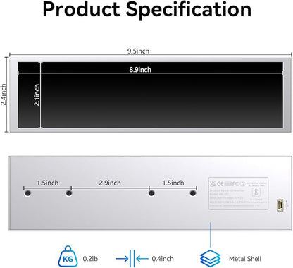 9.16" Computer Temp Monitor, FHD 1920x462 PC Sensor Panel One-Cable Connection(No HDMI Needed), Stretched Bar LCD Dynamic Theme Supported, IPS Mini Secondary Screen for CPU RAM HDD Data Aida64 (White)