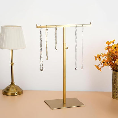 MCKECHSION Display Stand Stainless Steel Jewelry Towers Bag Stand Tabletop Double Hook Hanging Jewelry Stands for Necklaces Organizer Stand Adjustable Height Home Store Boutique, Gold