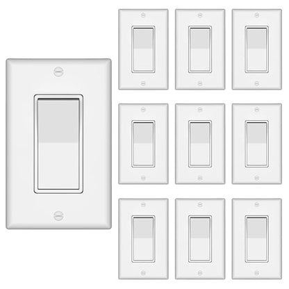 ThunderWay Single Pole Decorator Wall Light Switch with Wall Plate, 15A 120V/277V, On/Off Paddle Switch, Residential Grade - UL Listed, White (10)