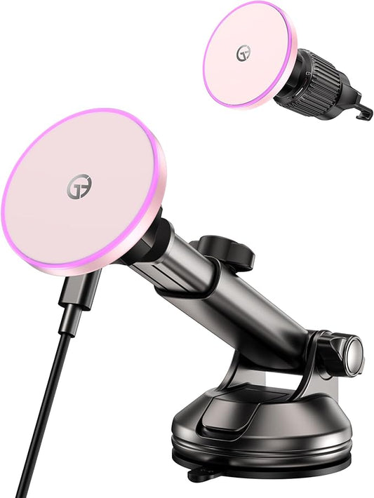 for MagSafe Car Mount Charger Dash/Windshield/Vent Wireless Car Charger with [LED Light], Strong Magnetic Phone Holder for Car for iPhone 16 15 14 13 12 Series, Fit MagSafe Accessories (Pink)