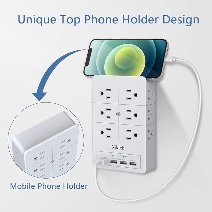 Multi Plug Outlet Surge Protector Nikleb, 12 Electrical Outlets Extender with 4 USB Charging Ports Total 4.8A, Wall Plug Expander 3 Prong for Room, Office, Gaming, Cord Organizer Accessories