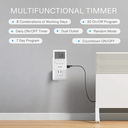 VIVOSUN Digital Timer Outlet 7 Day Programmable Digital Outlet Timer with 2 Independent Outlets 3 Prong, 20 on/Off Programs Groups, Countdown Setting, Indoor for Light Lamp, Fan（1Pack）