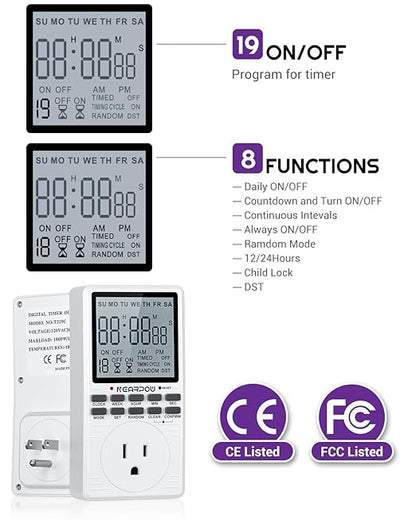 Outlet Timer, NEARPOW Multifunctional Programmable Timer with Countdown and 7-Day Digital Infinite Repeat Cycle Intermittent, 19 ON/Off Programs for Electrical Outlets, 3 Prong, 15A/1800W