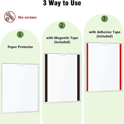 Mutualsign 10 Pcs Wall Sign Holder 8.5"x11" Magnetic Sign Holder, Rigid Print Protectors with Adhesive & Magnetic Tapes, Wall Mount Plastic Paper Holder for Office Store Home Window Display (Clear)