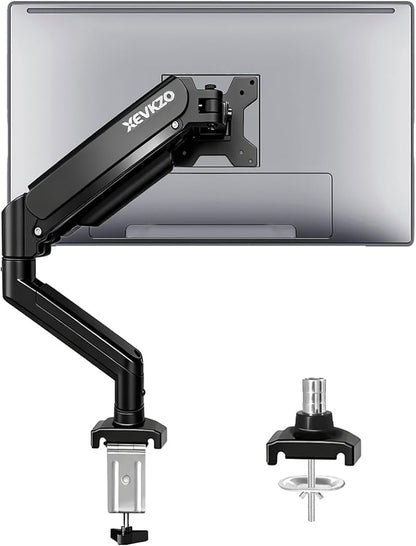 XEVKZO Single Monitor Arm - Gas Spring Monitor Stand for 13 to 34 Inch Screens, Adjustable VESA Mount with C-Clamp & Grommet Base, Full Motion (Tilt, Swivel, Rotation), Supports 4.4-22 lbs