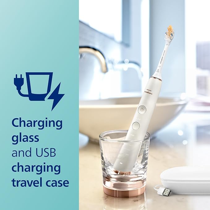 Philips Sonicare DiamondClean Smart 9500 Electric Toothbrush, Sonic Toothbrush with App, Pressure Sensor, Brush Head Detection, 5 Brushing Modes and 3 Intensity Levels, Rosegold, Model HX9923/61
