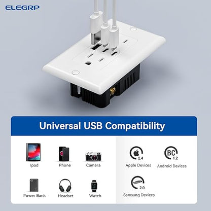 ELEGRP USB Outlets, 15 Amp Wall Outlet with 3 USB Ports, Dual USB C Ports Outlets, TR Tamper-Resistant USB Outlets Receptacles, Wall Plate Included, UL/CUL Listed, 10 Pack, White