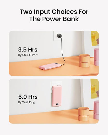 Coowisty Portable Charger Built-in Cables and Wall Plug, 10000mAh Slim USB C Power Bank, LED Display External Battery Pack Compatible with iPhone/Android & More (Pink)