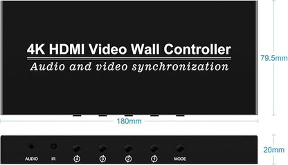 Video Wall Controller HDMI 1X4,Splicing Professional Processor with 4 HDMI+3.5mm Audio Output 180 Degree Rotate TV Wall Display 8 Splicing Modes 1x1, 1x2, 1x3, 1x4, 2x1, 3x1,4x1, 2x2