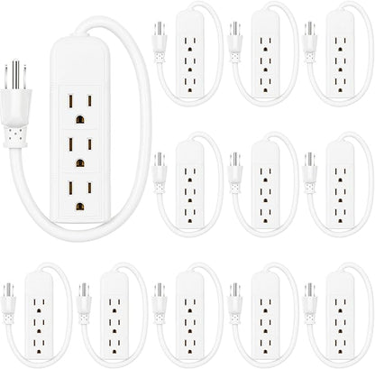 Copkim 20 Pack 3 Outlet Power Strip Extension Cord with Flat Plug Mini Cord 3 Ground Heavy Duty Mountable Outlets Strip for Computer Phone Home Office (1 ft,White)