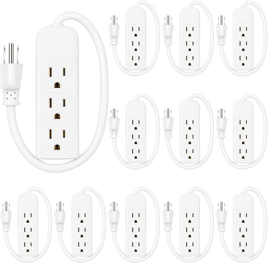 Copkim 20 Pack 3 Outlet Power Strip Extension Cord with Flat Plug Mini Cord 3 Ground Heavy Duty Mountable Outlets Strip for Computer Phone Home Office (1 ft,White)