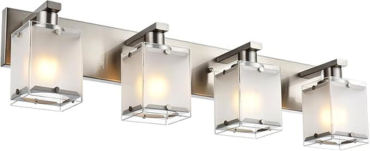 WINSHEN 4-Lights Bathroom Light Fixtures Over Mirror, Brushed Nickel Vanity Wall Mounted Lighting with Frosted Glass for Kitchen Living Room, E26 Bulb Base