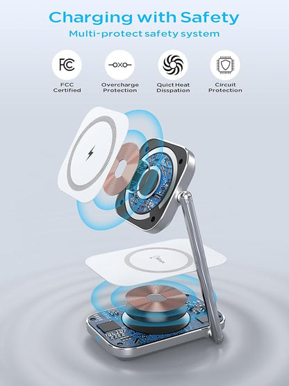 2-in-1 Magsafe Charger Stand, Zinc Alloy Foldable Magnetic Wireless Charger, 20W Portable Fast Wireless Charging Station for iPhone 15/14/13/12 Series, AirPods 3/Pro/2