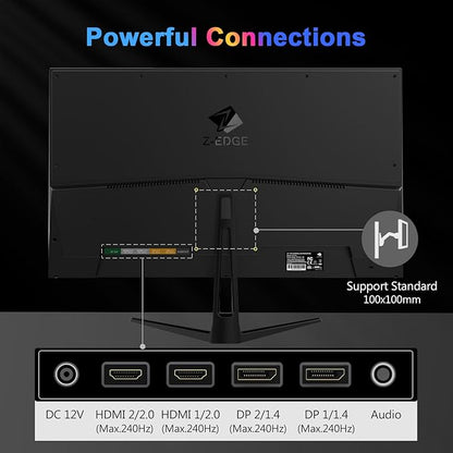 Z-Edge 27 inch Gaming Monitor, FHD 1080P 240Hz, Ultra-Fast MPRT 1ms Monitor, DCI-P3 99%, SRGB 120%, 8 bits, UG27PJ Frameless Bezel, 2X DP 1.4 Ports and 2X HDMI 2.0 Ports