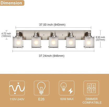 WINSHEN 5-Lights Bathroom Vanity Light Fixtures, Modern Brushed Nickel Wall Sconce Lighting with Rectangular Frosted Glass Shades, E26 Bulb Base