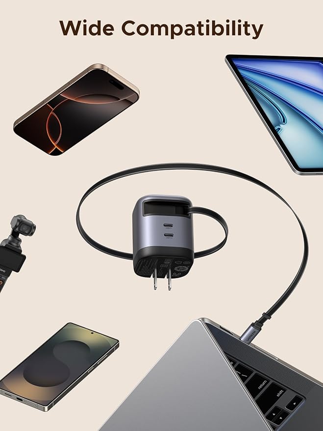 UGREEN Nexode 45W 3 in 1 Compact GaN Charger, Retractable USB C Fast Wall Charger with Foldable Plug, Compatable for iPhone 16/15/14/13/12/11 Series, Galaxy, Pixel, iPad, Space Grey