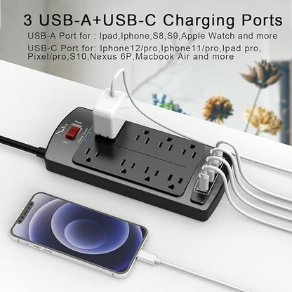 10 Feet Surge Protector Power Strip - Nuetsa Extension Cord(1625W/13A) with 8 Outlets and 4 USB Ports, Flat Plug, 2700 Joules, for Home, School, College Dorm Room, and Office, ETL Listed, Black