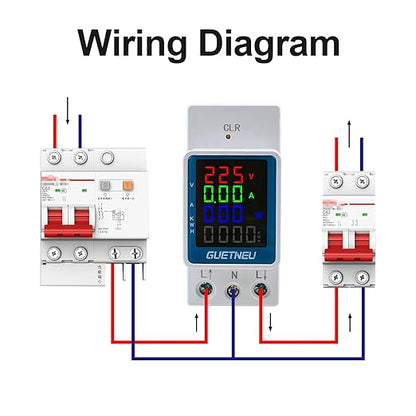 GUETNEU Color Digital Display Energy Meter Multifunction Tester Rail-Mounted Meter GT2P-E, 80270V AC, 0100A, 025KW, 50/60Hz. Measurement of Volts, Amps, Watts, Hertz, PF and Kilowatt-Hours