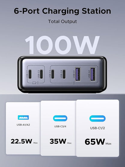 UGREEN 100W USB C Charging Station, 6-Port GaN Desktop Charger with 4 USB-C & 2 USB-A, Smart Power Distribution for MacBook Pro/Air, Dell XPS, iPad, iPhone 17/16/15, Galaxy S25/S24, Pixel 10/9
