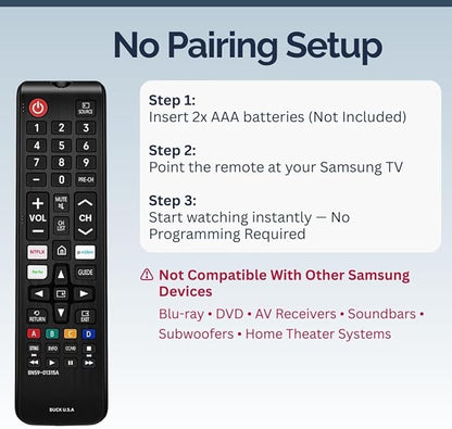 BN59-01315A Samsung TV Remote Control Replacement for Smart TV - Easy Setup, Durable Design, Universal Infrared Remote, Streaming Shortcuts - Works with Samsung Smart TV, LCD, LED, HDTV, 3D Models