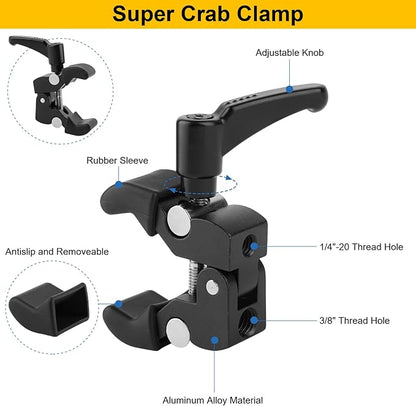 Mippko Camera Super Crab Clamp Mount,10" 360° Adjustable Aluminium Magic Arm Holder,1/4"-20 Thread for Video Light / Insta360 / Canon Nikon DSLR Cameras,Adapter for GoPro Hero 13/12/11/10/9/8/7/6/5