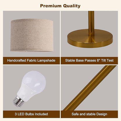 Fansdrick Gold Floor Lamps for Living Room, Super Bright Arc Floor Lamp with Remote Control, 3 Light Tall Floor Lamps with Stepless Dimmable, 80" Mid Century Tree Floor Lamp for Bedroom, Office