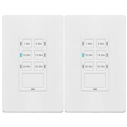 TG 30-Min Countdown Timer Switch for Bathroom Fans and Household Lights, 1-5-10-15-20-30 Min Settings with Manual Override, Always On Blue LED, Neutral Wire Required, UL Listed, White, 2 Pack