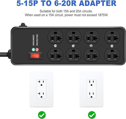 Heavy Duty Surge Protector 20Amp,Metal Power Strip with 8 Outlets,Wall Mount Surge Protector 4800J,12 Gauge 6FT Extension Cord 5-15P Adapter Workshop & Industrial Use with 6-20R T-Slot Outlets