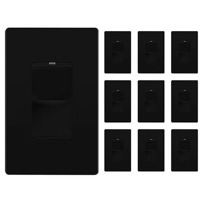 LIDER Minimalist Design Matte Finish Lighted Decorator Switch with Wall Plate, Frameless Paddle Light Switch with Locator Light, Single Pole, Grounding Screw, 15A 125V, UL Listed, Black, 10 Pack