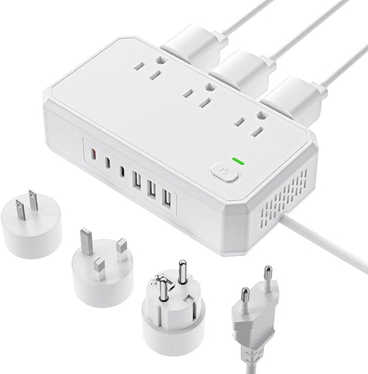 Puveini US to Europe Travel Adapter 220V to 110V Voltage Converter with 4.5A 6-Port USB Charging and UK/AU/US/EU Worldwide Plug Adapter