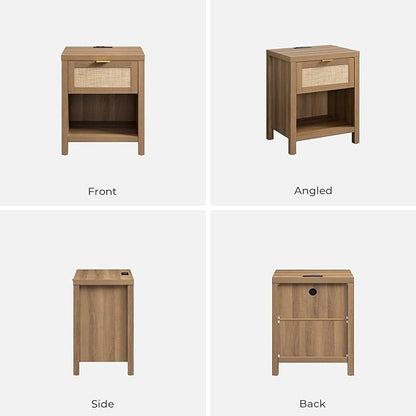 SICOTAS Rattan Night Stand with Charging Station - Farmhouse Nightstand with Type-C and USB Ports, Boho Accent Bed Side Table with Drawer and Open Shelf for Bedroom Small Space, Oak