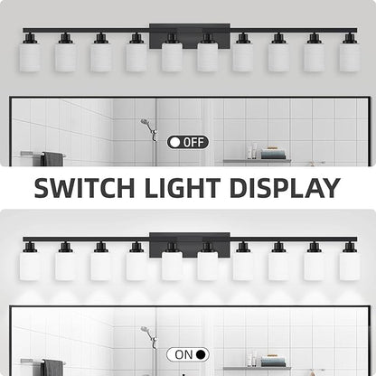 DIKAIDA 10 Light Bathroom Vanity Lights Over Mirror, 65.4 inch Black Vanity Lights Fixtures with White Glass Shades Matte Black Modern Vanity Lights Black Bathroom Wall Lighting for Mirror Bedroom