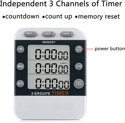 MOSTRUST Digital Dual Kitchen Timer for Cooking, 3 Channels Count Down/up Triple Multi Timers for Food, Magnetic Memory-Preset Large-Display Adjustable Alarm Volume, 3A Battery Included