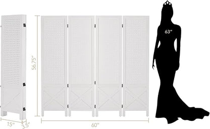 Wnutrees 4 Panel Pegboard Display, 5 Ft Wood Folding Privacy Screens Room Divider, Portable Freestanding Display Board for Craft/Art Shows, Retail, Events, Wall Organizer, Rustic Barnwood, White