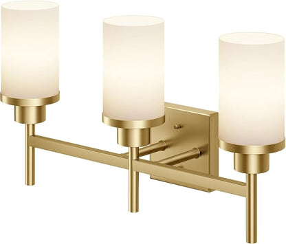 AONEON Bathrom Light Fixtures Modern Gold 3 Vanity Lights Over Mirror, Wall Lamps with White Frosted Glass Shade for Toilet Washroom Bath T001GD-L3
