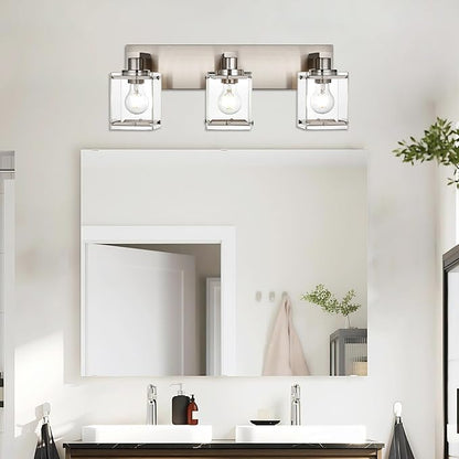 WINSHEN 3-Lights Bathroom Wall Light Fixtures E26 Bulb Base, Brushed Nickel Vanity Lighting Fixtures Over Mirror with Clear Glass Shades for Living Room Hallway Kitchen
