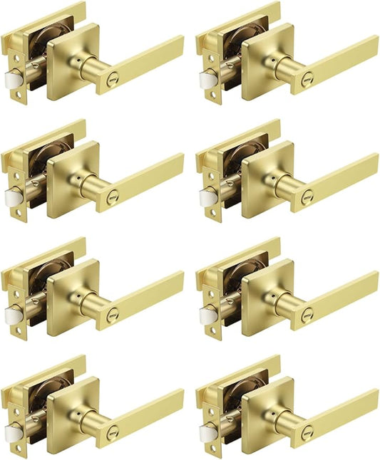 Mengico 8 Pack Gold Privacy Lever Door Handle Interior with Lock, Heavy Duty Square Door Lock for Bed/Bath, Keyless Door Locksets, Reversible for Left Right Handed Doors