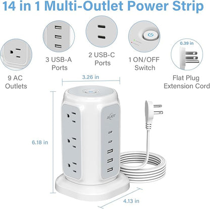 AiJoy Flat Plug Power Strip Tower 9 Outlets and 5 USB Ports (2 USB-C), 1200J Surge Protection, 6.5ft 1625W Extension Cord Charging Station for Home Office Supplies, Dorm Room Essentials