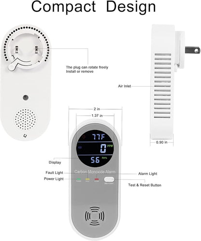 Plug in Carbon Monoxide Detector, Carbon Monoxide Alarm,Real-time Digital Display 3-in-1 Level: PPM,°F & Humidity, Co Detector Monitor for Home,RV,Apartment
