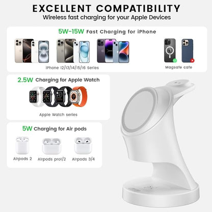 3 in 1 Wireless Charging Station for Apple Devices,Magsafe Charger Stand for IPhone16 15 14 13 12 Pro/Max/Plus/Mini Wireless Charger Station for AirPods 2/3/Pro iWatch Ultra/8/7/SE/6/5/4/3/2 (White)