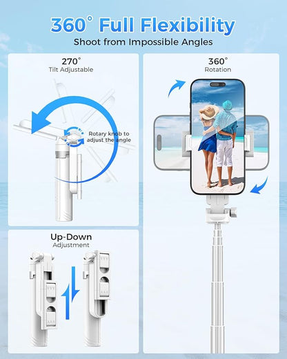 Kinwald 3-in-1 Phone Tripod with LED Lights & Remote, Extendable Selfie Stick Tripod Stand, Compact Portable with Bluetooth Remote for iPhone/Android Vlogging & Photography (White)