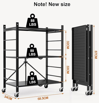 Himix Storage Shelves with 6 Hooks, 3 Tier Foldable Shelf with Wheels, Metal Storage Shelving Unit Rolling Cart, Utility Shelf Rack Organization Shelves for Pantry, Kitchen, Black - No Assembly