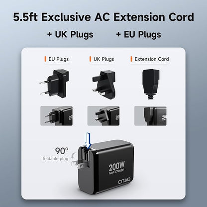 200W USB C Charger Block, 4 Ports GaN Fast Charging Station Wall Charger, PD3.0 PPS 100W QC3.0 65W Power Station Travel Adapter with AC Cord UK/EU Plug for MacBook Pro/Ai/iPhone 15/14/13/ S24