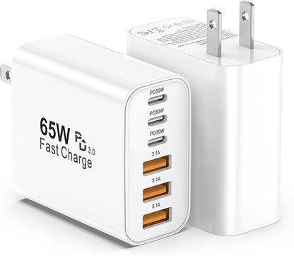 USB C Charger Block,2 Pack 65W 6 Port USB C Wall Charger,6 in 1 iPhone Charger Fast Charging PD+QC Power Adapter Multiport Type C Brick Chargers for iPhone 17/16/15/14/13/12/Pro Max/XS/Samsung
