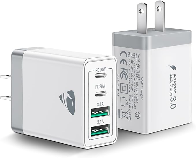 [2-Pack] USB C Wall Charger, 40W Fast USB C Charger Block, 4-Port PD Power Adapter + QC Wall Plug Multiport Type C Charging Block Cube Compatible with iPhone 16 15 14 13 12 11 Pro Max XR XS 8, Samsung