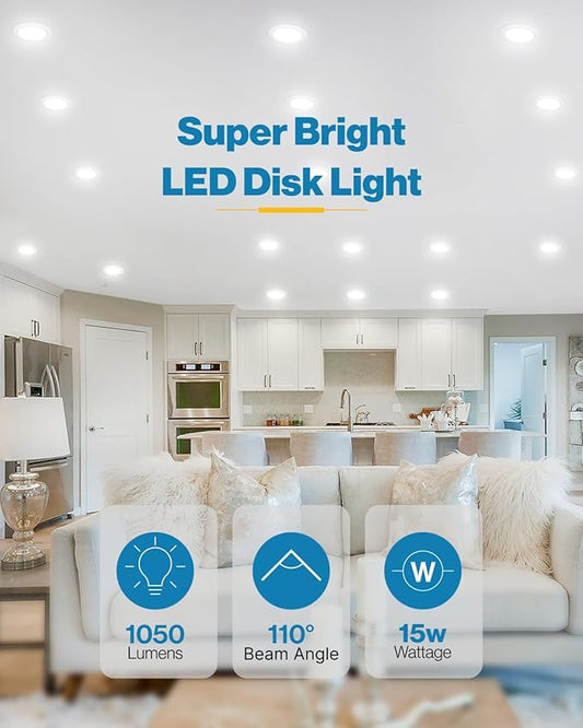 Sunco 96 Pack LED Disc Lights Ceiling 6 Inch, Flush Mount Disk Light, Recessed Can Lighting, 1050 LM, 15W (75W Equivalent), 6000K Daylight Deluxe, Dimmable, Damp Rated ETL.