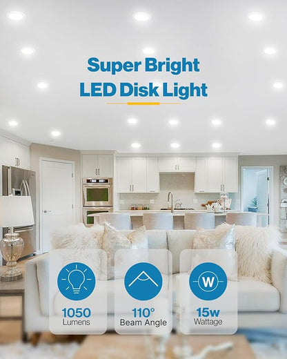 Sunco 96 Pack LED Disc Lights Ceiling 6 Inch, Flush Mount Disk Light, Recessed Can Lighting, 1050 LM, 15W (75W Equivalent), 2700K Soft White, Dimmable, Damp Rated ETL.