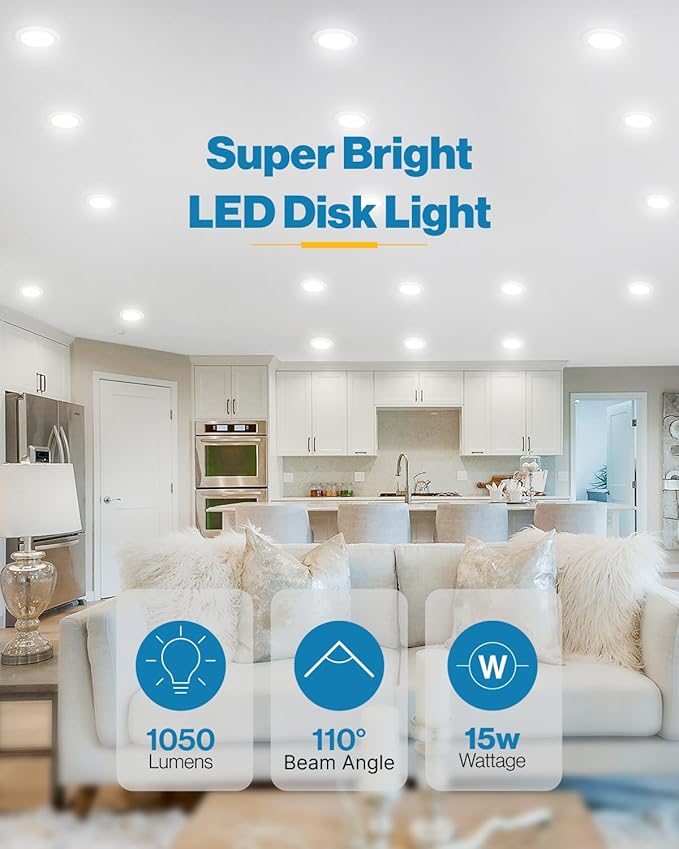 Sunco 5/6 Inch LED Disk Lights, Flush Mount Disc Recessed Ceiling Can Lighting, 1050 LM, 3000K Warm White, Dimmable, 15W=75W, Damp Rated ETL 4 Pack