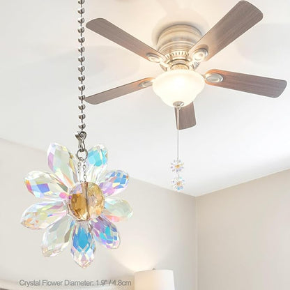 LEFERS Ceiling Fan Pull Chain, 2 Pieces 1.8" Crystal Glass Flower Pendants with 24" Ceiling Fan Chain Extender and Connector (Crystal AB)