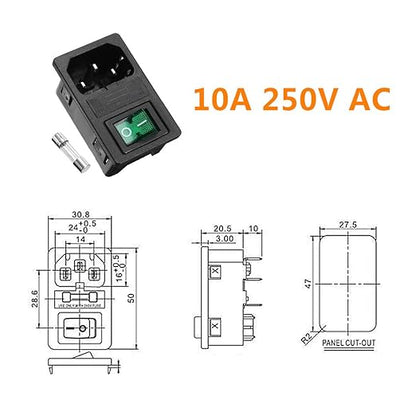 Ganasome 2 Sets IEC320 C14 Inlet Module Power Socket - AC 250V 10A, 4 Terminals, DPST Rocker Switch with Fuse Holder & Green Light, Panel Mount for Lab, Fitness & Industrial Equipment